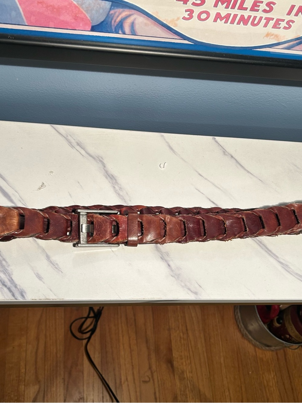 Calvin Klein Woven Brown Leather Belt with Brushed Silver Buckle - Picture 13 of 13